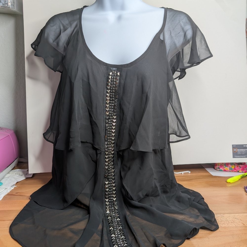 Bisou Bisou Black Sheer Blouse with Silver Accents